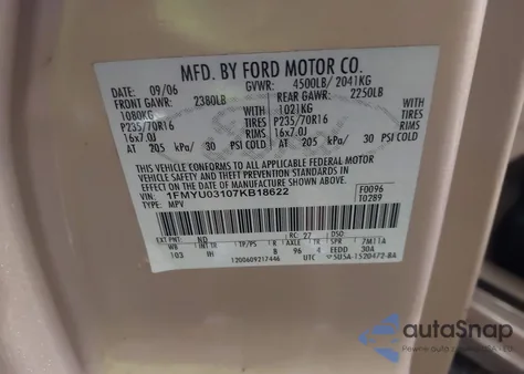 2007 Ford Escape Xlt из США, поврежденный, VIN 1FMYU03107KB18622